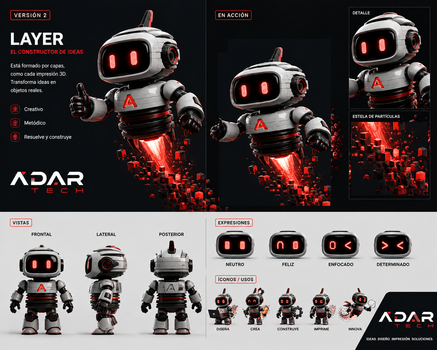 Layer, la mascota robot de ADAR Lab, construida por capas y con ojos rojos